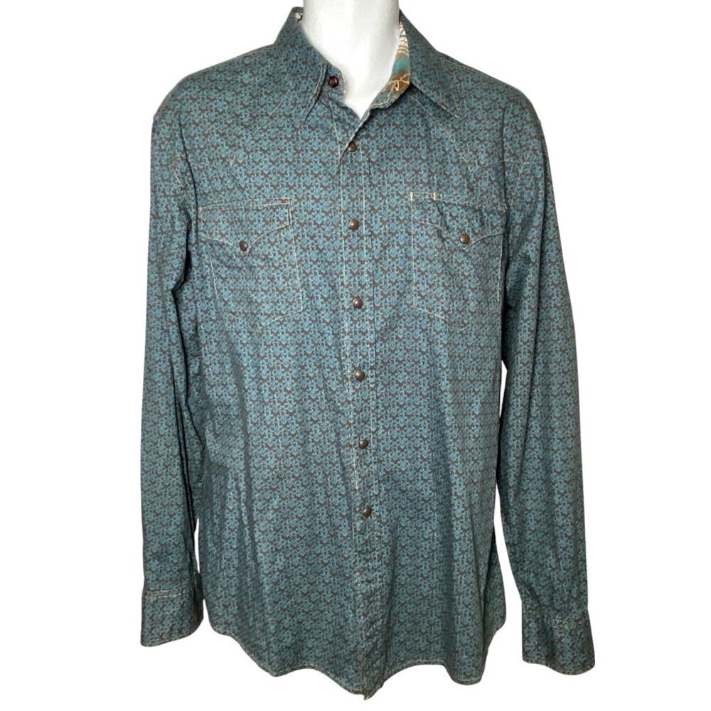 Roper Western Pearl Snap Shirt Mens Size L Contrast Cuffs Collar Long Sleeve